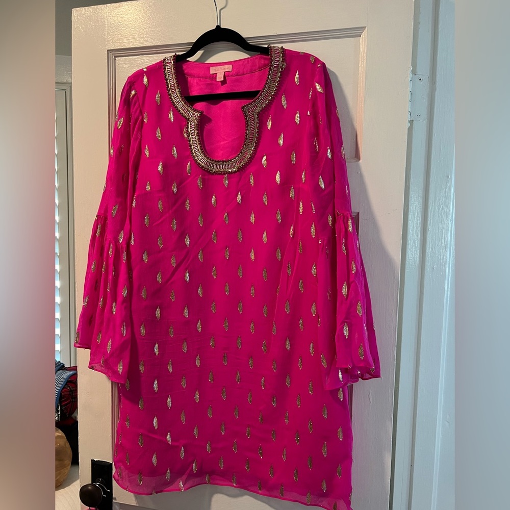 Lilly Pulitzer dress, size 12, bright pink with gold accents, beaded neckline